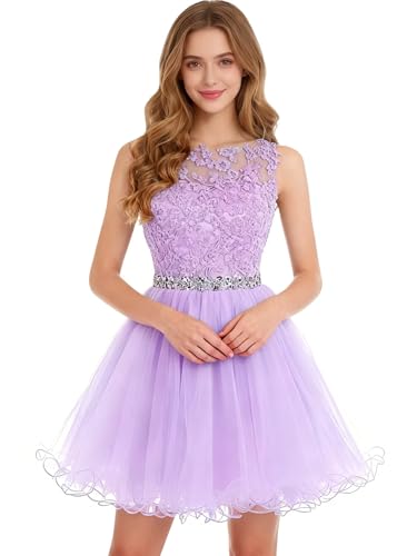 Image of Dydsz Women's Lace Applique Short Prom Dress A Line Tulle Homecoming Dresses Beaded Mini Graduation Party Dress