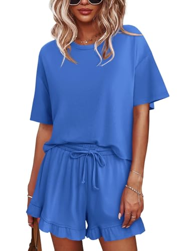 Image of Tankaneo Womens 2 Piece Shorts Set Summer Casual Short Sleeve T Shirts Drawstring Ruffle Shorts Pajamas Lounge Set