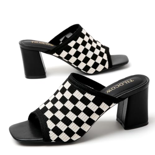 Image of Tilocow Knit Heeled Sandals for Women Square Open Toe Heeled Mules Chunky Block Low Heel Slip On Slides