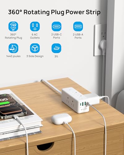 Image of TROND Surge Protector Power Strip with 360 Rotating Flat Plug, White | 3ft Extension Cord, 6 Widely Spaced Outlets and 2 USB-C PD20W Ports, 1440J Surge Protector for Home Office Dorm Essentials