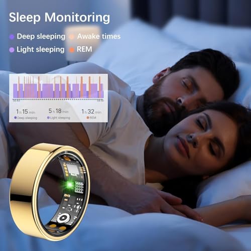 Image of Smart Health Ring for Women Men, Fitness Tracker Ring with Heart Rate, Blood Oxygen, Sleep Tracker, Step Tracker, No Subscription Fee, IP68 Waterproof Smart Ring for iPhone & Android Gold, 7#