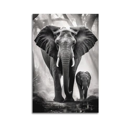 LADV Poster animal noir et blanc mère et enfant éléphant noir et blanc 30 x 45 cm