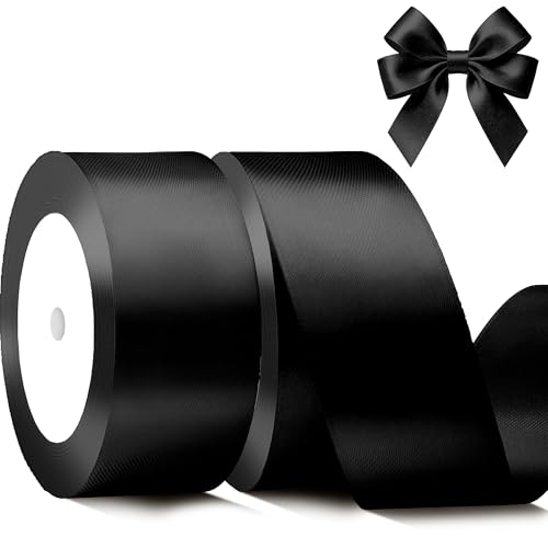 Black Satin Ribbon 1-1/2 Inch x 2 Rolls Black Wide Satin Fabric Ribbon for Gift Packaging Christmas Wedding Flower Bouquet Holiday Party Invitation Total 50 Yards