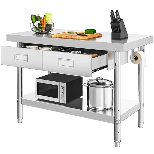 YITAHOME 48' × 24' Stainless Steel Table with 2 Drawers, NSF Work Table with Drawer, Metal Table Prep Table for Home Kitchen Restaurant Garage Warehouse