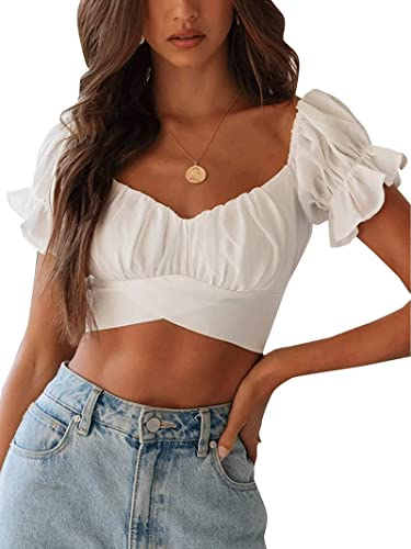 Avanova Women's Ruffle Short Sleeve Off Shoulder Tie Up Back Crop Blouse Top White Small