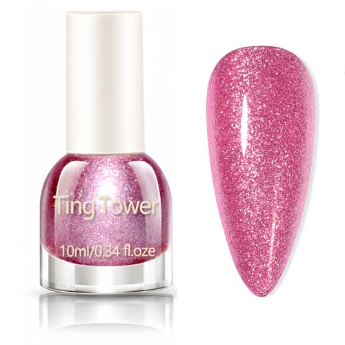 Image of Pink Glitter Nail Polish,Quick-Dry Sparkle Varnish,Iridescent Rose Pink Shimmer,Long-Lasting Gloss Finish,High Glossy Sparkly Shiny,No UV Lamp Needed, Romantic & Party Ready
