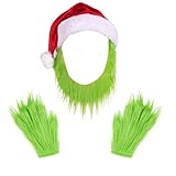 Townus Green Monster Costume with Green Furry Gloves and Santa Hat for Halloween and Christmas Cosplay