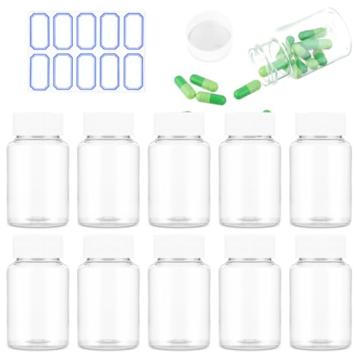 YUXIANLB Empty Pills Bottle Medication Bottles 80ml Travel Bottle 10Pcs Small Plastic Clear Bottles Refillable Cases With White Screw Cap And Label Sample Jar For Storing Lotions Powders And Ointments - Image 2
