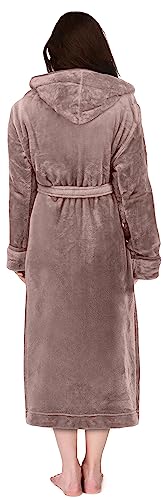 Ny Threads Womens Fleece Hooded Bath Robe - Plush Long Robe, Taupe, Small #TOP1