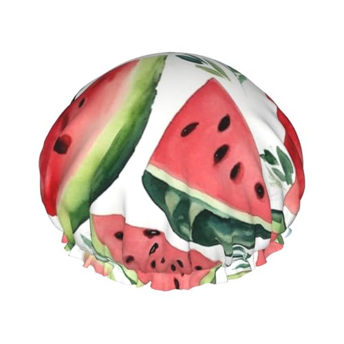 Gorro de ducha con estampado de sandía de acuarela para mujer, doble capa, impermeable, elástico, reutilizable, protección para el cabello, para spa, salón de baño, damas