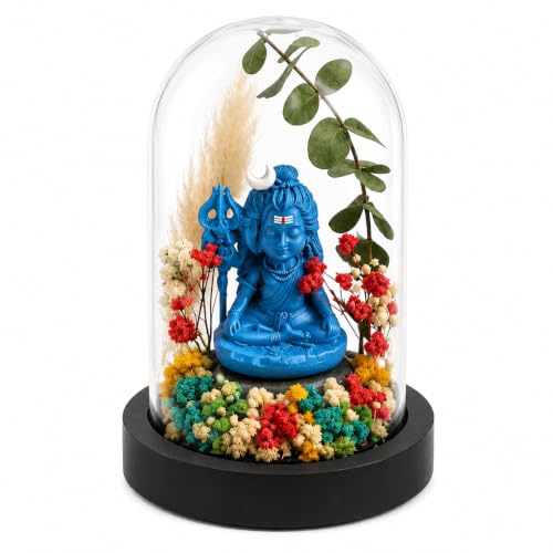 Image of eCraftIndia Handcrafted Lord Shiva Idol in Glass Dome with Dried Flowers & Wooden Base | Decorative Spiritual Showpiece for Home, Office, Living Room, Temple & Gift for Festivals