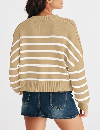 MEROKEETY Women's Long Sleeve Crew Neck Striped Crop Sweater Ribbed Knit Pullover Jumper Tops3