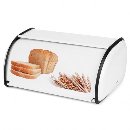 jiuzcare Panera Metálica Blanca 9 L Aprox., Caja para Pan con Tapa Enrollable y Ventilación, para Pan de Molde, Bollos y Panecillos, con Tiras Antideslizantes, para Cocina, Encimera, Mesa y Despensa