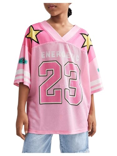 Image of Floerns Girl's Jersey Shirt Printed Oversized Short Sleeve Mesh Tee Shirts V Neck Sport Jersey Shirts