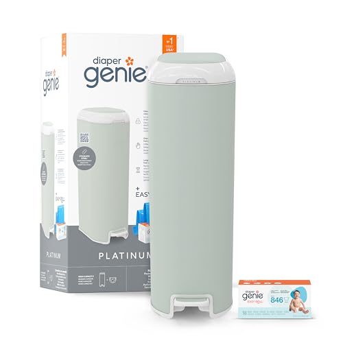 Diaper Genie Platinium – Seau à Couches Anti-Odeurs | Acier Inoxydable | Grande Capacité 47 Couches | Recharge Durable Jusqu’à 5 Mois | Ouverture Large & Pédale Pratique - Vert Sauge