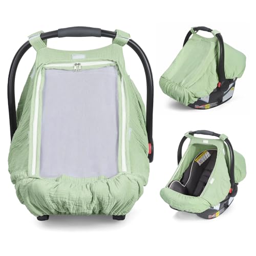 Orzbow Cotton Baby Car Seat Cover, Breathable Car Seat Canopy for Girls Boys with Mesh Window, Lightweight Baby Carrier Cover for Wind, Dust, Sun and Insects Protection, Universal Fit, Green