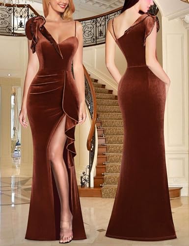 Image of VFSHOW Womens Formal Prom Elegant Ruffle One Shoulder Beaded Strap Ruched Slit Maxi Dress Wedding Evening Long Gown