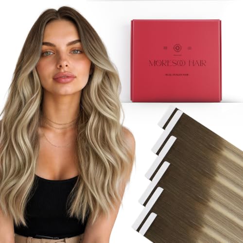 Moresoo Brown Blonde Tape Extensions Human Hair 24in 10Pcs 25g