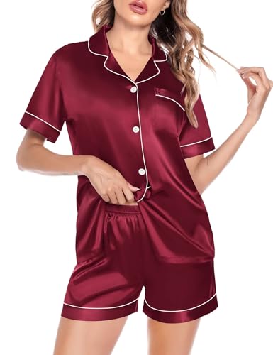 Image of SWOMOG Satin Matching Pajamas Sets Couple Silk Button Down Nightwear Women & Men Short Sleeve Sleepwear 2 Pieces Loungewear