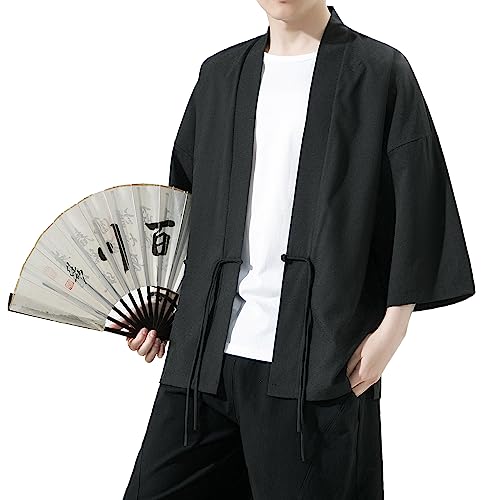 Image of Mens Kimono Cardigan Cotton Linen Japanese Shirt 3 /4 Sleeve Haori Yukata | Skin-Friendly Solid Color Lightweight Shawl Collar Kimono Robe Embroidery Button Tie Pockets Happi Coat All Season Daily Wear