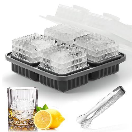 FainFun Lot de 4 bacs à glaçons en silicone 3D avec couvercle, pour cocktails et whisky, pour la fabrication de glaçons, chocolats, fudge, savons (1, gris, 4)