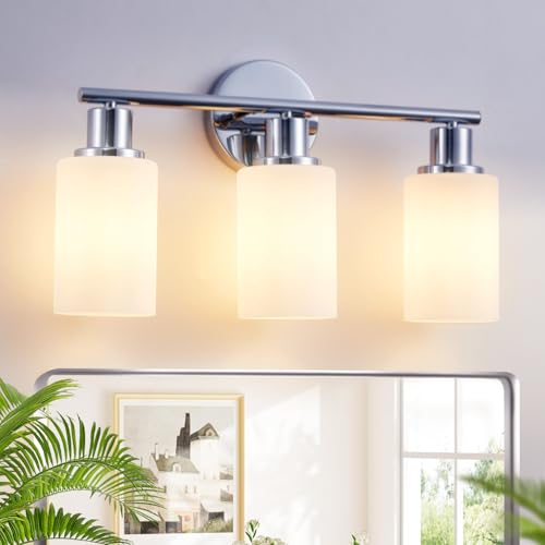 Image of DLLT 3-Light Bathroom Light Fixtures: Chrome Modern Vanity Lights with E26 Bulbs - Milky White Glass Shade Bathroom Wall Lamp for Mirror Kitchen Living Room Hallway Cabinet Porch
