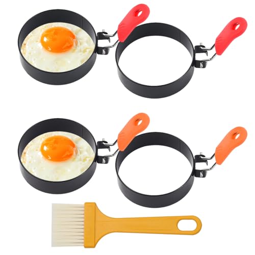 Lot de 4 Anneaux Oeuf Antiadhésifs 7.6cm Anti-Brûlure Avec Brosse à Huile et Poignée Pliable - Moule en Acier Inoxydable pour Pancakes et Omelettes