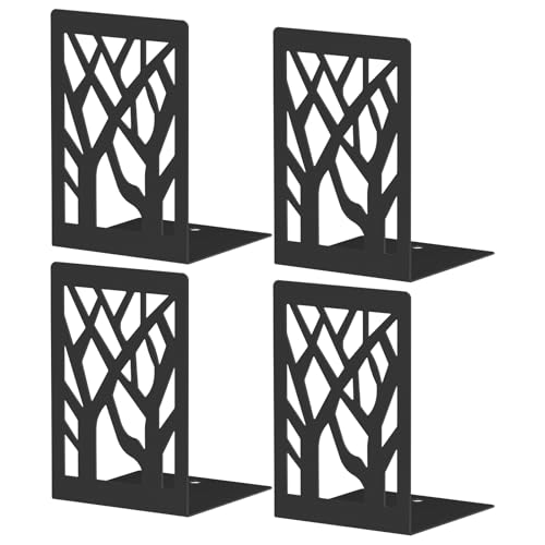 ALOTCHE Bookends 4 Pieces, Tree Design Modern Metal Bookends for Shelves, Black Tree Book Ends Decorative Book Organizer for Desk, Decorative Shelve Book Stopper for Home Office