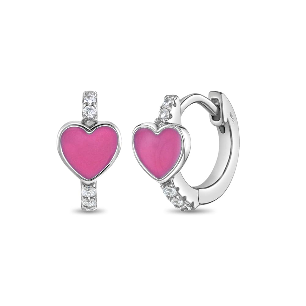In Season Jewelry 925 Sterling Silver Heart Enamel Huggie Hoop Earrings With Clear CZ For Toddlers and Little Girls - Glimmering Themed Hoop Earrings