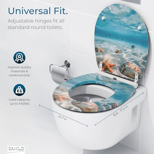 Image of Sanilo Wooden Toilet Seat with Quick Release & Soft Close [ROUND] - Decorative & Slow Close Molded Wood Seat - With One Click for Easy Installation & Cleaning - With Adjustable Fit (Waterworld)