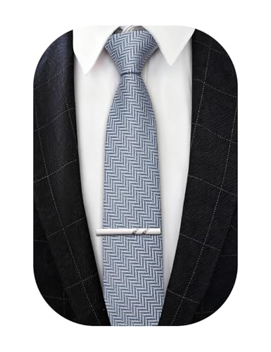 Image of Barry.Wang Skinny Ties for Men Wool Blend Herringbone Necktie with Tie Clip | Tie and Tie Clip Set, Cashmere Wool Stripe, 2.76 x 63 Inches, Extra Long Slim, Wedding Work Party Classic