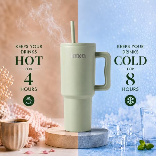 Image of 1200 ML Insulated Tumbler with Lid and Straw, Stainless Steel Tumbler Cup with Handle, Leakproof Mug Cupholder for Office, Gym, Travel 1.2 Litre (Sage Green)