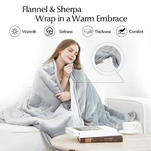 Electric Heated Blanket Twin Size, Soft and Cozy Thickened Flannel and Sherpa Electric Blanket for Bed, Automatic Safety System 6 Heating Levels & 10 Hours Auto-Off, 62"x84" Violet Grey