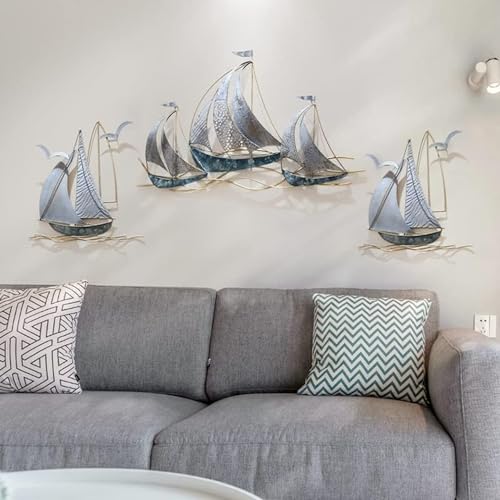 edaknez Set of 3 Metal Sailboat Wall Art, Metal Blue Ship Wall Decor, Coastal Nautical Wall Art Decor, Large Sailing Boat Wall Sculpture, for Living Room Bedroom Indoor Outdoor