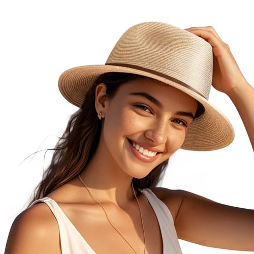 Summer Straw Sun Hats for Women Wide Brim UV UPF 80+ Panama Fedora Beach Hat with Wind Lanyard