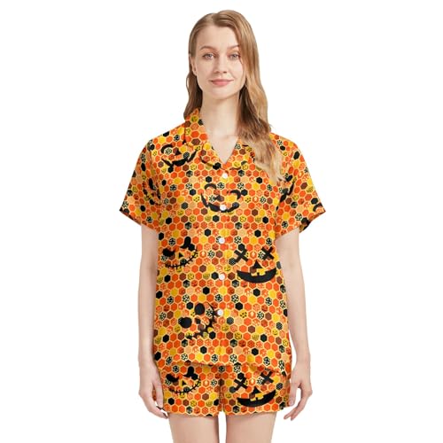 Image of Funny Pajamas for Women Set Print Satin Loungewear Pjs Short Sleeve Button Down Top and Shorts Sets Sleepwear XS-3XL