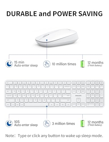 Image of Philips Wireless Keyboard and Mouse Combo,2.4G 2 in 1 Receiver Cordless Full Size Keyboard and Mice,Ultra Slim and Quiet Keyboard & Ergonomic Mice for Windows XP /7 /8 /10,Mac OS X10.4 or Higher-White