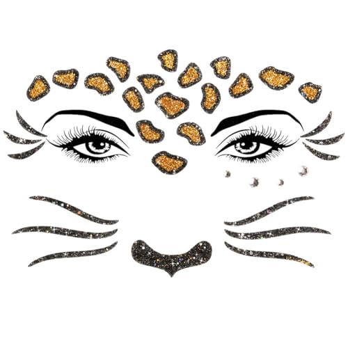 Alaoo Pegatinas para Tatuajes Faciales, Impermeable Tatuajes Temporales Niños Pegatinas, Pegatinas Animales Cara Purpurina Para Niñas Mujer Festivales Fiestas Espectáculos Maquillaje (Leopardo)