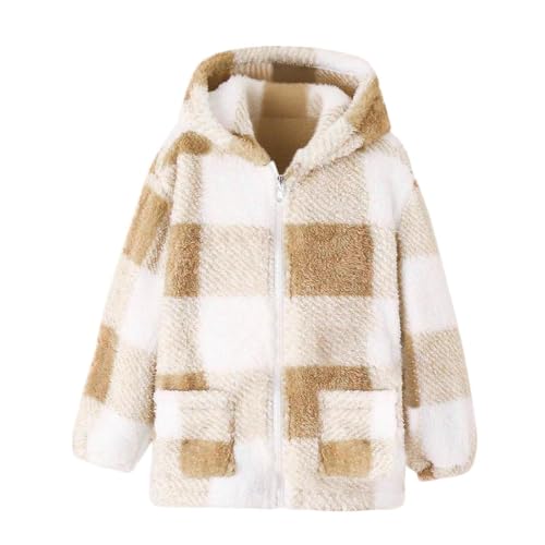 Image of NSQFKALL Boys Girls Fuzzy Plaid Jackets Long Sleeve Zip Up Plush Hooded Fall Winter Warm Outerwear Coats (Yellow, 9-10 Years)