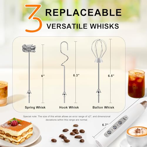 Image of YUSWKO White Handheld Milk Frother Wand for Coffee, Rechargeable Electric Whisk with 3 Heads 3 Speeds Drink Mixer Coffee Frother For Latte, Cappuccino, Hot Chocolate, Egg