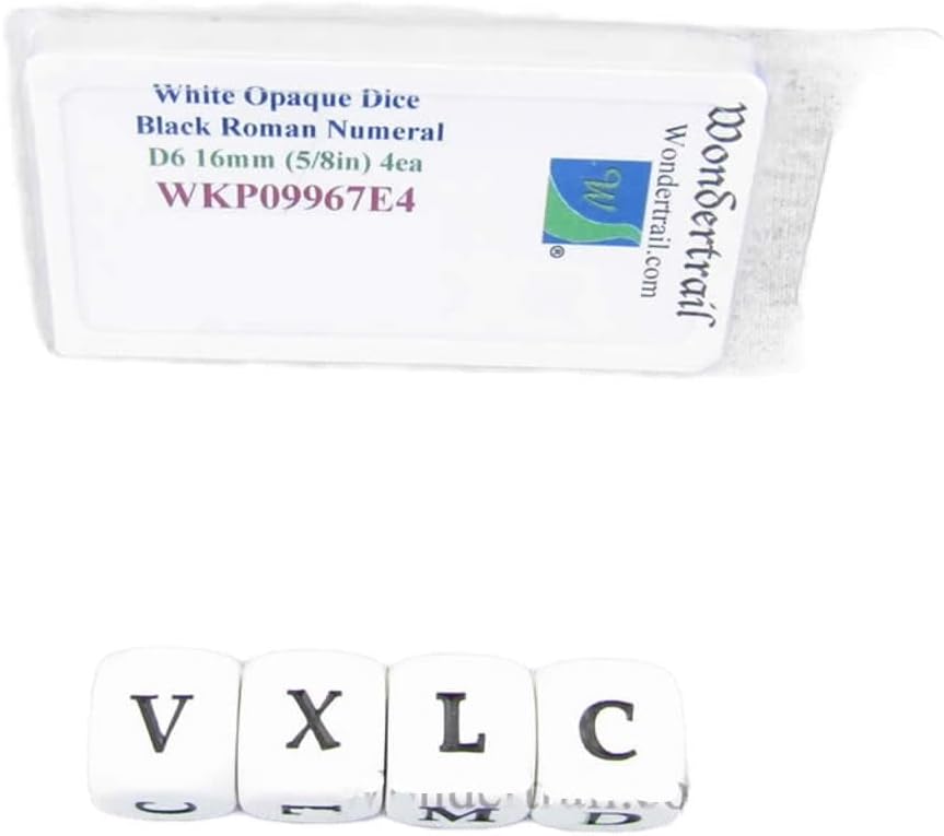 White Dice with Black Roman Numeral D6 16mm (5/8in) Pack of 4 Wondertrail