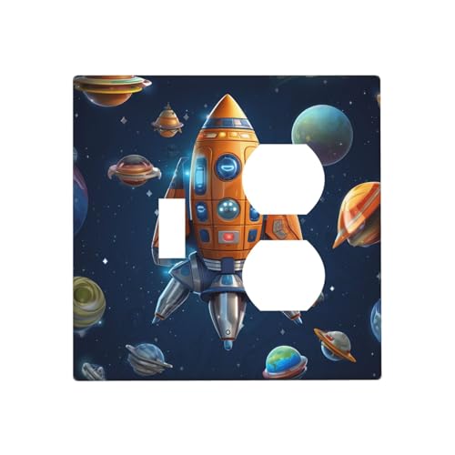 Cartoon Spaceship Rocket Wall Plates Decorative Light Switch Cover 2 Gang Outlet Covers Electrical Switchplate Thermoplastic Faceplate Cover for Decorator Device, Screws Included