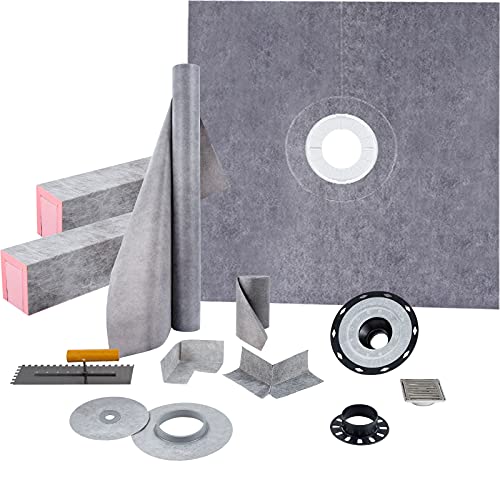 VEVOR Shower Curb Kit, 48'x48' Watertight Shower Curb Overlay with 4' ABS Central Bonding Flange, 4' Stainless Steel Grate, 2 Cuttable Shower Curb and Trowel, Shower Pan Slope Sticks Fit for Bathroom
