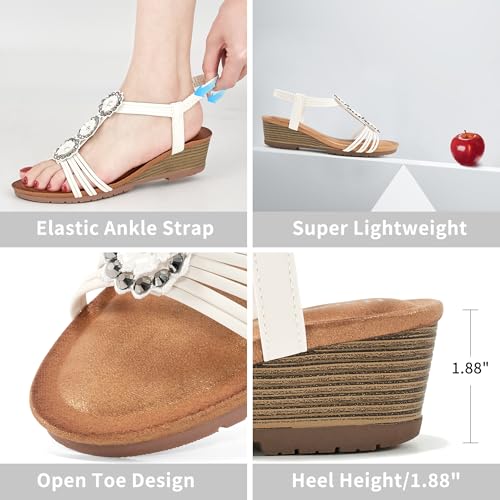 Image of HARENCE Wedge Sandals for Women Dressy: Comfortable Elastic Ankle Strap Low Heel Open Toe Flower Summer Shoes