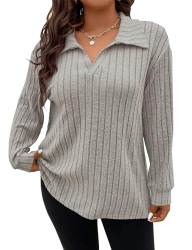 Image of Koscacy Women Plus Size Casual Knit Sweater Lapel V Neck Solid Color Tops Lightweight Long Sleeve Blouses