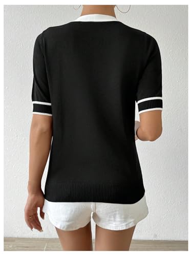 Verdusa Women's Old Money Bow Tie Casual Knit Tops Contrast V Neck Short Sleeve Sweaters2