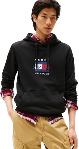 Tommy Hilfiger Sudadera Hombre Linear Flag Graphic de algodón, Negro (Black), XS
