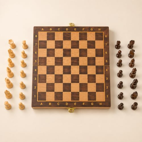 Image of Pandaworld 12 Inch Foldable Wooden Handcraft Chessboard Set Toy - Tournament-Style Premium-Build Chess Set with Wooden Chessmen Pieces - Ideal for Family Games