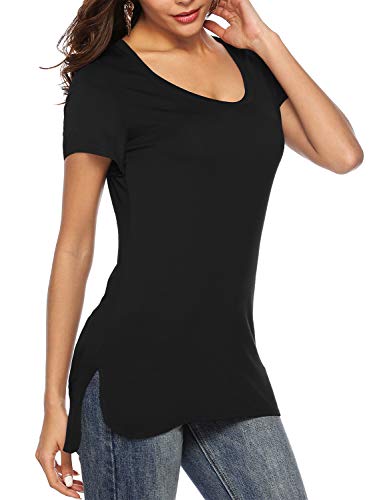 Florboom Womens Casual Cute Plain Scoop Neck Loose Longline Split Tshirts Top T Shirts Plain Black XL