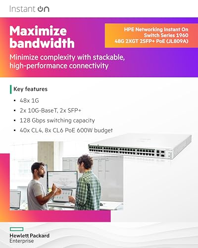 Image of HPE Networking Instant On Switch Series 1960 48-Port Gb Smart-Managed Layer 2+ Ethernet Switch with PoE | 48x 1G | 2X 10GBase-T, 2X SFP+ | 40x CL4, 8X CL6 PoE 600W | Stackable | US Cord (JL809A#ABA)